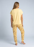 Golden retriever wine print soft knit pajama set for women — light yellow dog mom sleepwear