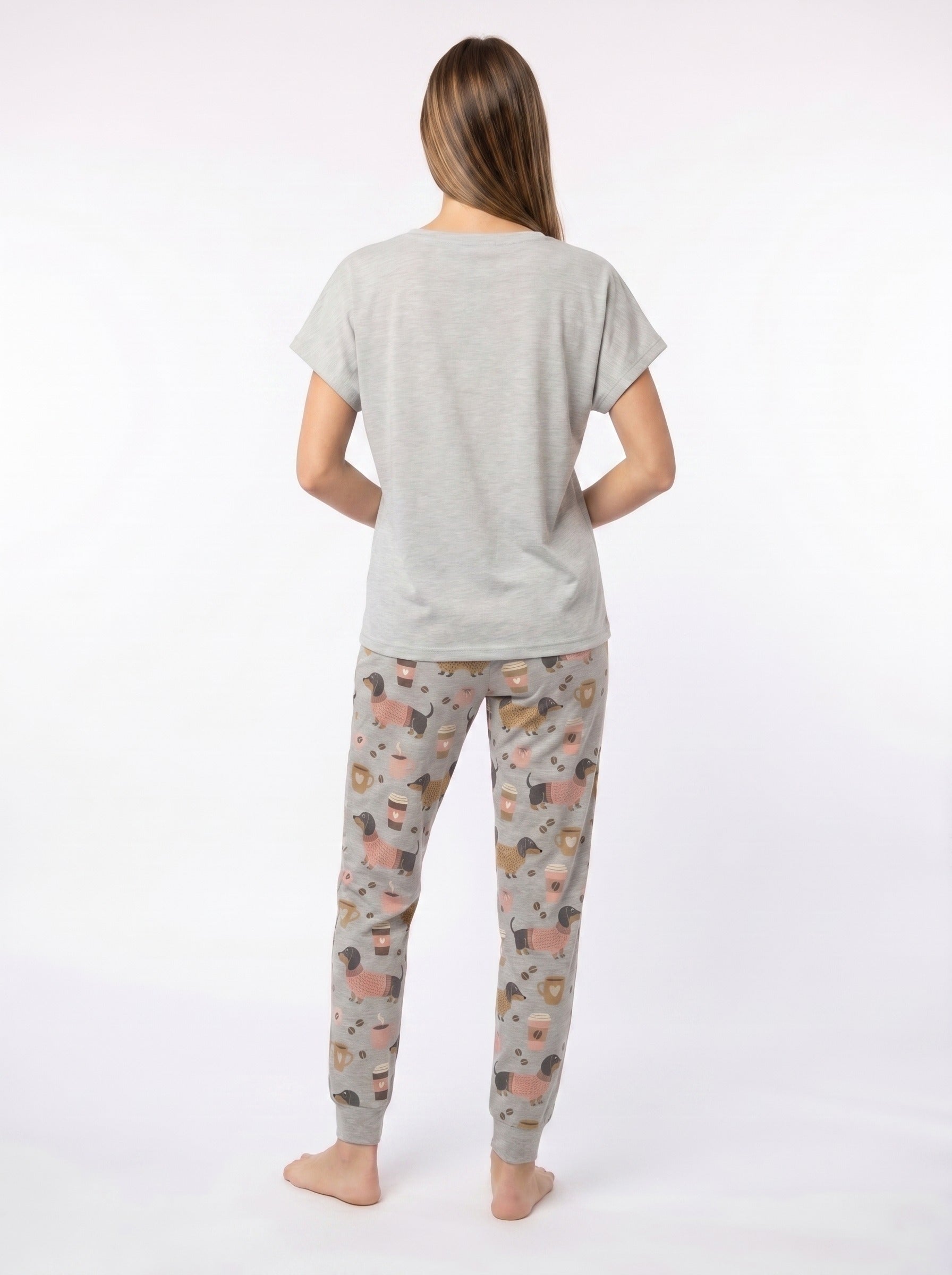 Dachshund and coffee print soft knit pajama set for women — gray cozy gift sleepwear