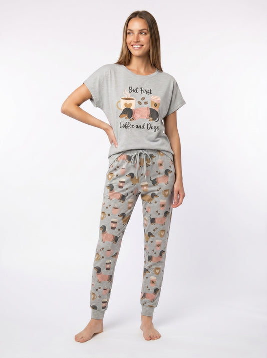 Front view of the dachshund and coffee print knit pajama set for women in light gray heather