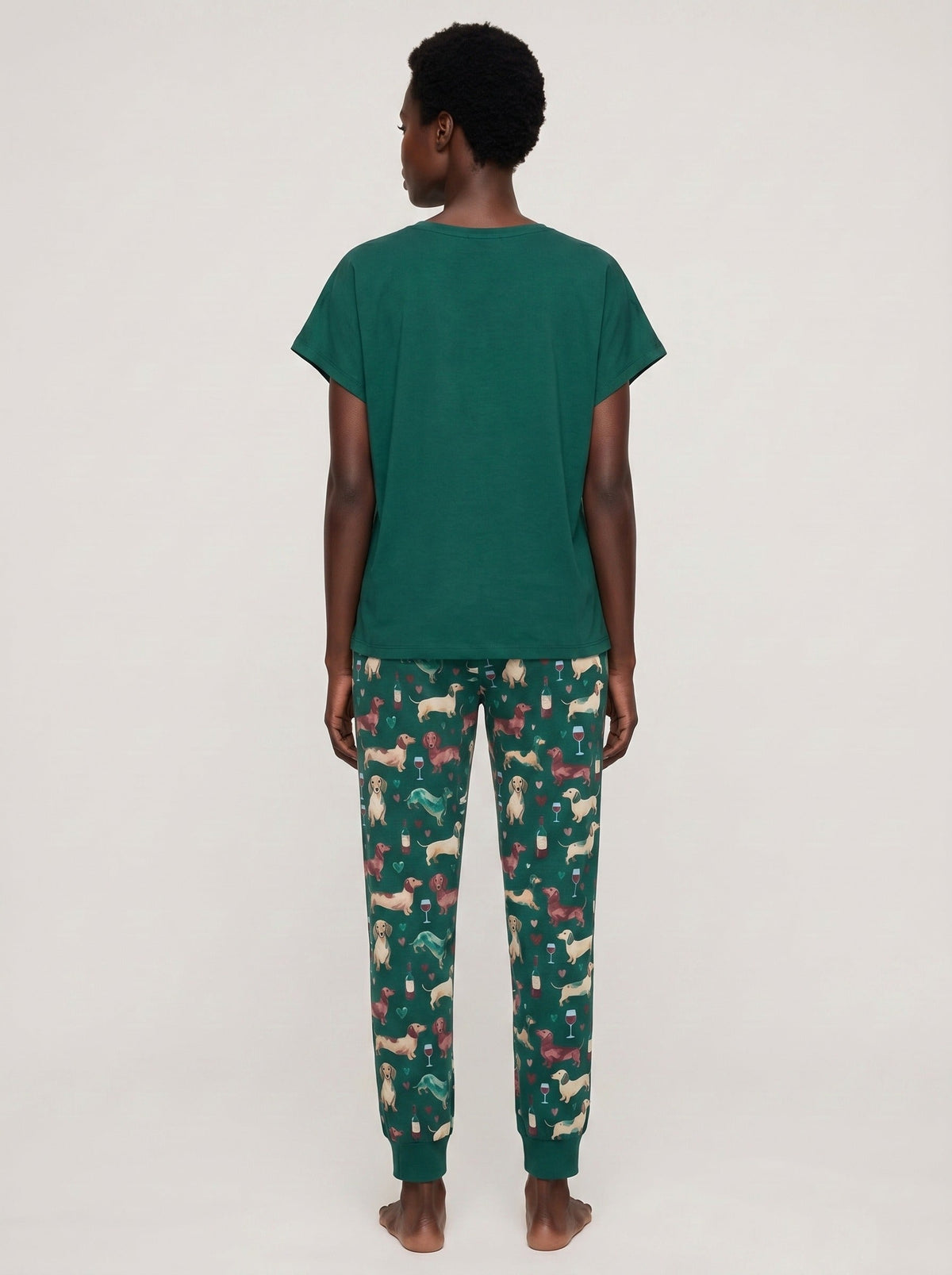Women's dachshund wine knit pajama set, forest green AOP jogger and graphic tee, I Do What I Want print
