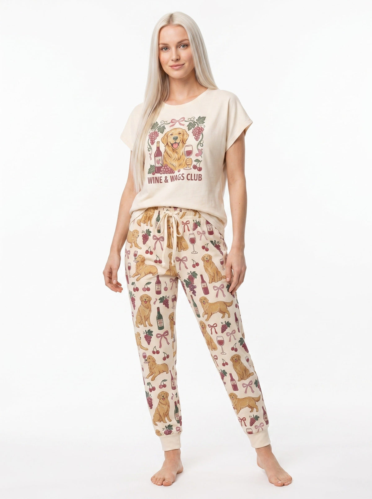 Front view of the Wine and Wags Club golden retriever pajama set in cream and dusty rose