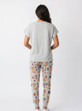 Women's knit pajama set with golden retriever graduation cap graphic tee and all-over print jogger pants, light gray heather