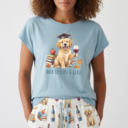 Close-up of the Back to Class golden retriever wine print on soft knit pajama fabric — teacher gift detail