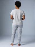 Women's light gray knit pajama set with cartoon poodle sunglasses graphic tee and strawberry paw print AOP jogger pants